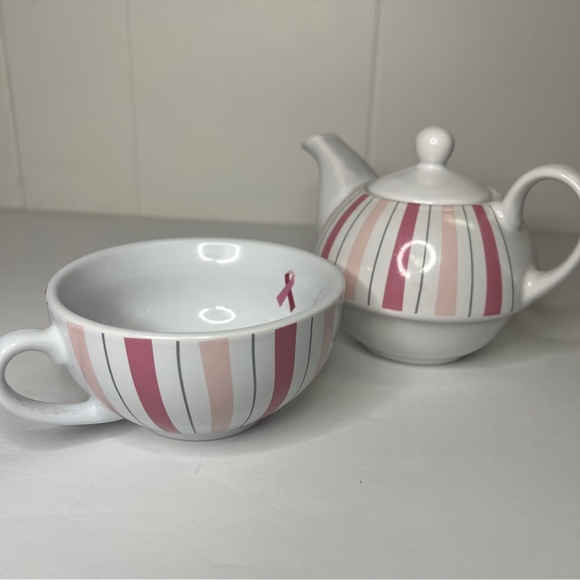Collectable Hand Painted Pinstripe Graphic With Cancer Ribbon Tea Pot for One - Picture 4 of 8